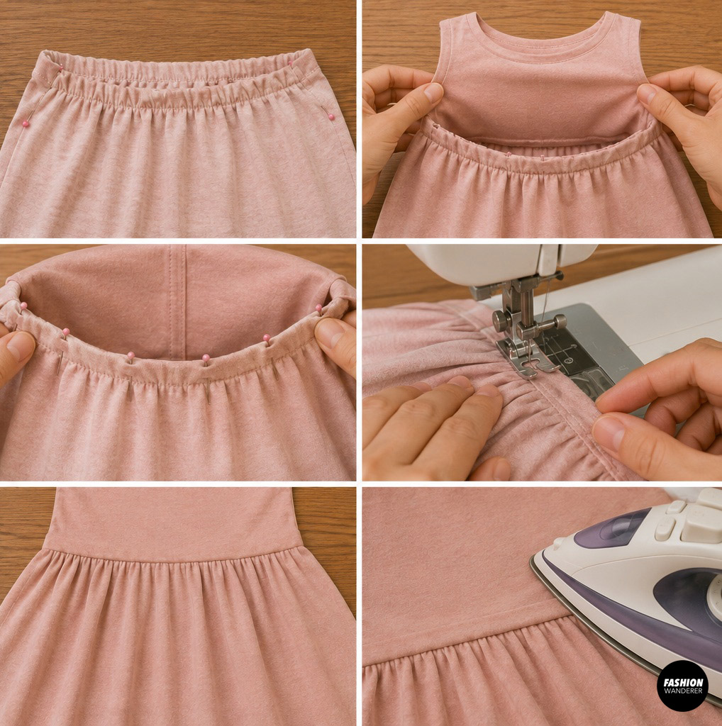 Pinning gathered skirt to the bodice, sewing the waist seam, and pressing the seam flat on a DIY girls twirly play dress.