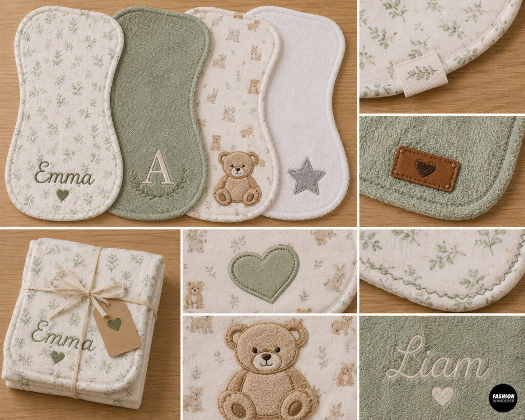 Personalized handmade baby burp cloth ideas featuring embroidered names, initials, teddy bears, hearts, decorative stitching, and fabric labels.