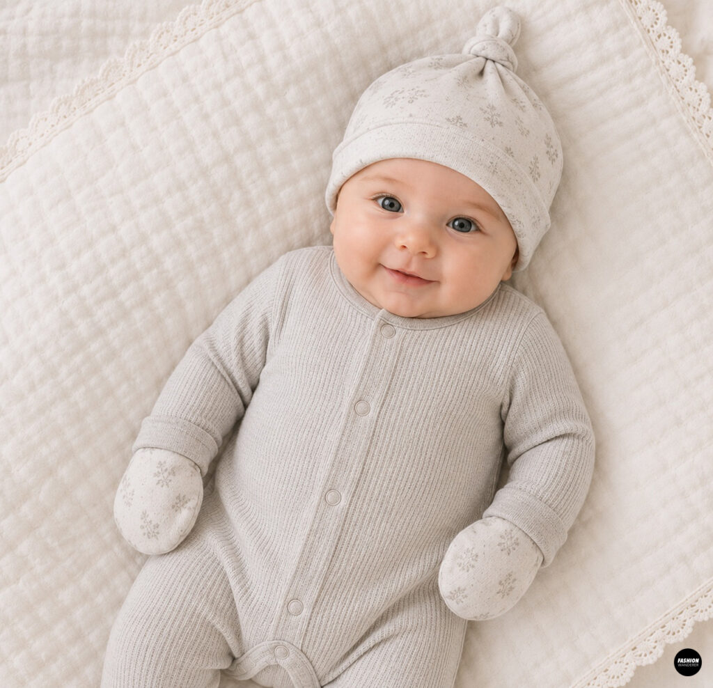 Smiling baby boy wearing a handmade neutral floral knot hat and matching mittens with a light gray onesie on a cream blanket.