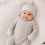 Smiling baby boy wearing a handmade neutral floral knot hat and matching mittens with a light gray onesie on a cream blanket.