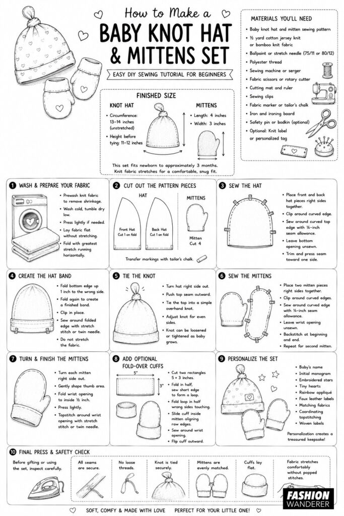 Beginner-friendly DIY baby knot hat and mittens sewing tutorial with materials, finished sizes, pattern pieces, and 10 illustrated step-by-step instructions for sewing a soft newborn gift set.
