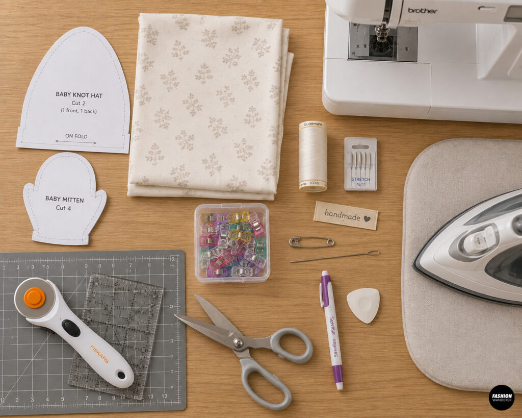Flat lay of supplies for sewing a DIY baby knot hat and mittens, including floral knit fabric, paper patterns, sewing machine, stretch needles, thread, rotary cutter, scissors, clips, ruler, fabric marker, iron, and handmade label.