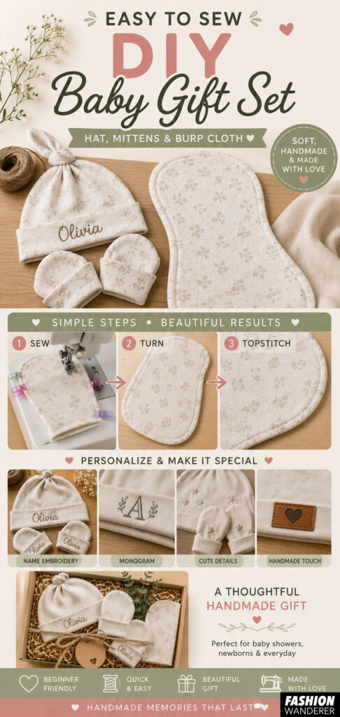 Easy-to-sew DIY baby gift set featuring a handmade knot hat, mittens, and burp cloth with personalized embroidery, beginner sewing steps, and gift-box inspiration for baby showers and newborn gifts.