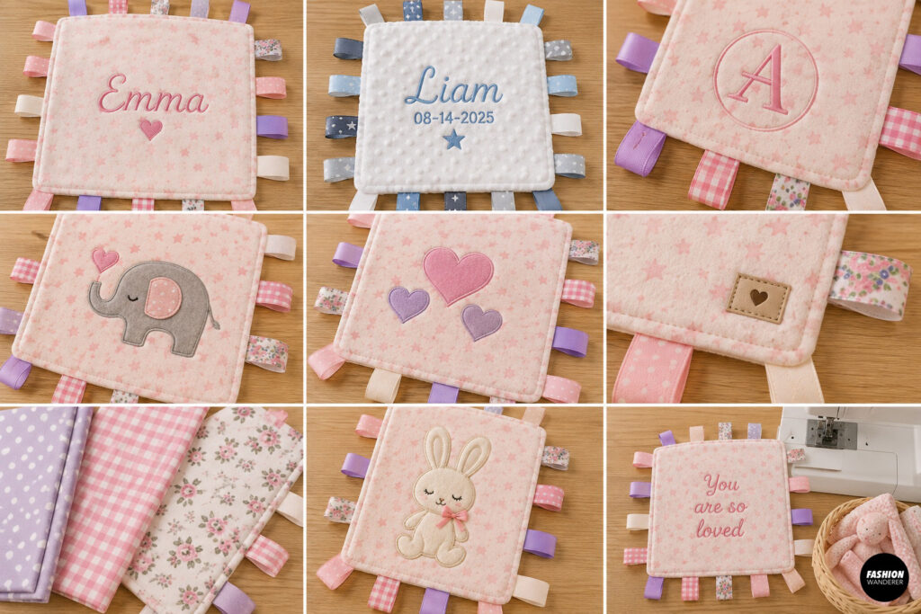 Collage showing a finished pink star-print baby taggie blanket being inspected for secure ribbon loops, strong seams, neat topstitching, finished corners, and safe construction before washing and use.