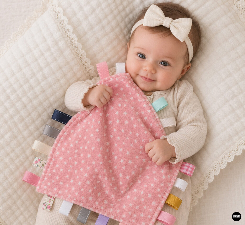Baby girl holding a handmade pink star-print taggie security blanket with colorful ribbon loops while lying on a soft cream blanket.