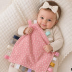 Baby girl holding a handmade pink star-print taggie security blanket with colorful ribbon loops while lying on a soft cream blanket.
