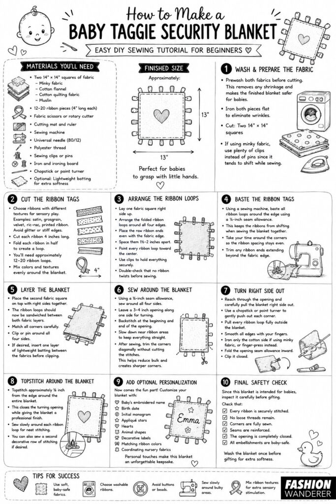 Black-and-white hand-drawn sewing infographic showing materials, finished size, and 10 beginner-friendly steps for making a DIY baby taggie security blanket, from preparing fabric and ribbon loops to topstitching, personalization, and a final safety check.