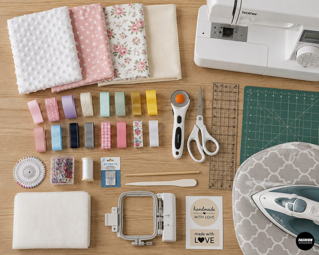 Top-down flat lay of supplies for sewing a baby taggie security blanket, including white minky, pink star and floral fabrics, colorful ribbon loops, sewing machine, scissors, rotary cutter, ruler, cutting mat, pins, clips, thread, needles, batting, iron, point turner, and personalized labels.