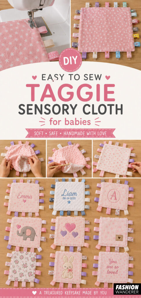 Vertical Pinterest collage featuring an easy-to-sew baby taggie sensory cloth tutorial with pink star fabric, colorful ribbon loops, sewing process photos, finished blankets, and personalized designs featuring embroidery, appliqu&eacute;s, monograms, and baby names.