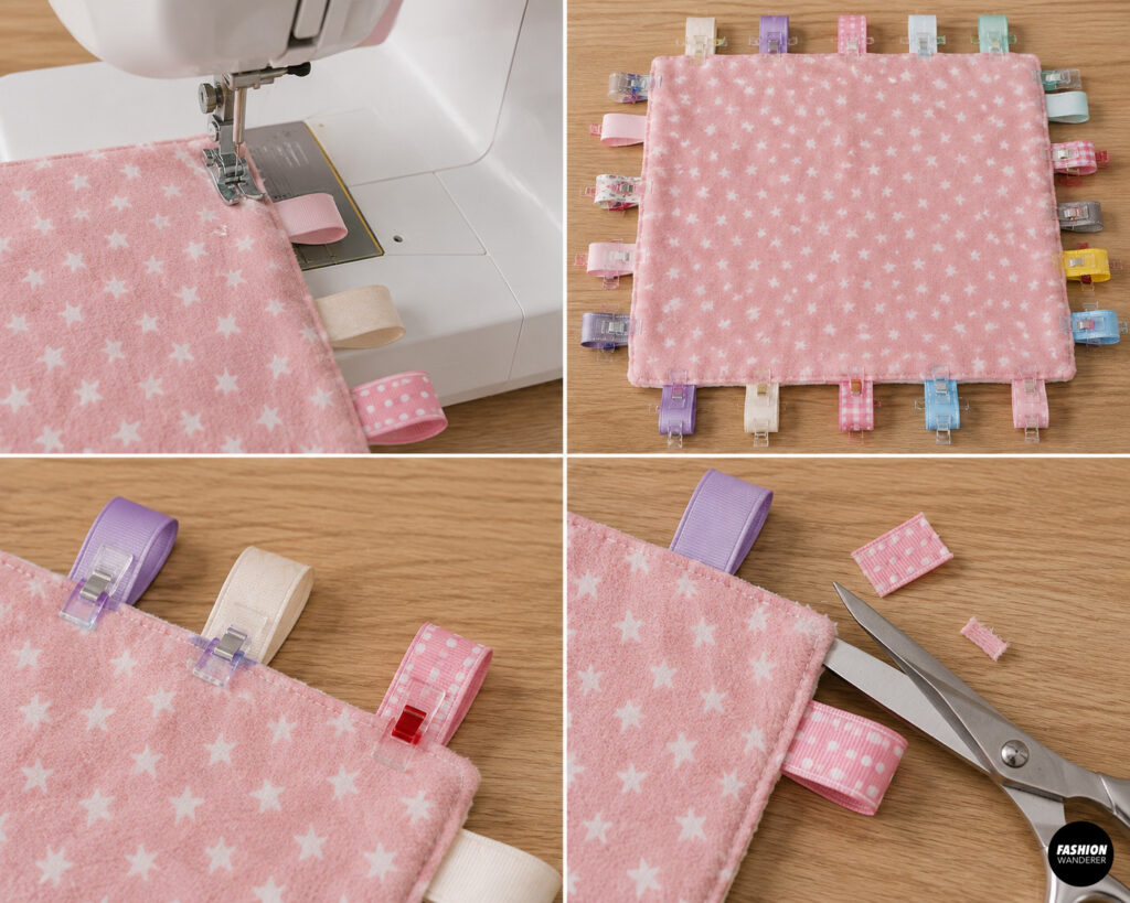 Close-up sewing collage showing colorful ribbon loops clipped around pink star-print fabric, basted securely with a sewing machine, and trimmed neatly at the edges.