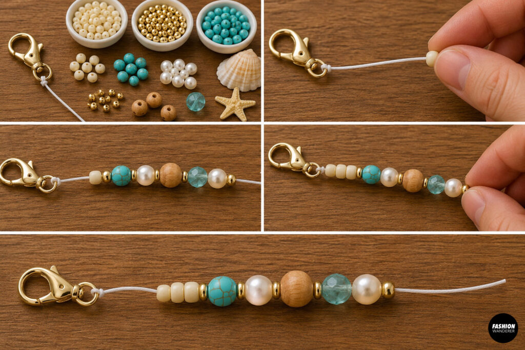 Step 4 is to begin threading the bag charm beads with the design