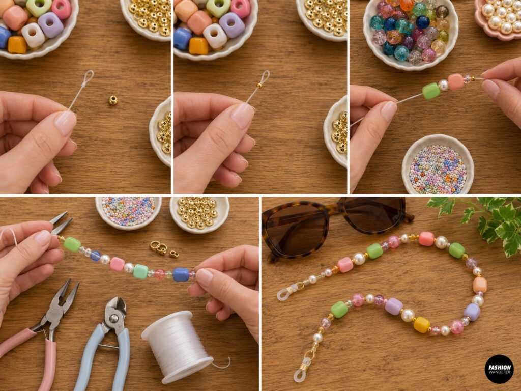 Begin threading beads on the sunglasses cord