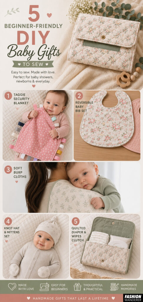 Vertical Pinterest infographic featuring five beginner-friendly DIY baby gifts to sew: taggie blanket, reversible bib, burp cloth, knot hat and mittens, and quilted diaper and wipes clutch.