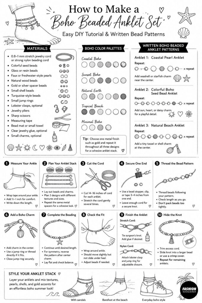 Infographic showing a step by step guide to make boho beaded anklet set including materials, color palettes, bead patterns and detailed instructions.