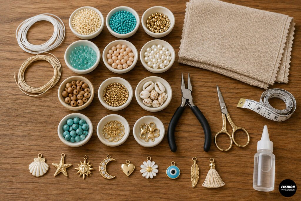 Materials to make boho beaded anklets including colorful beads, shells, clasps, charms, pliers, scissors and a tape measure.