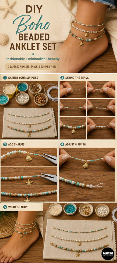 Pinterest style graphic showing a step by step guide to make boho beaded anklet set including materials, color palettes, bead patterns and detailed instructions.