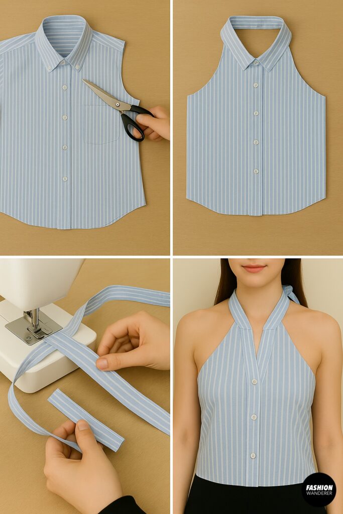 DIY halter tie top tutorial using striped button-up shirt, showing cutting armholes, shaping neckline, sewing ties on machine, and final halter top outfit styled with black pants.