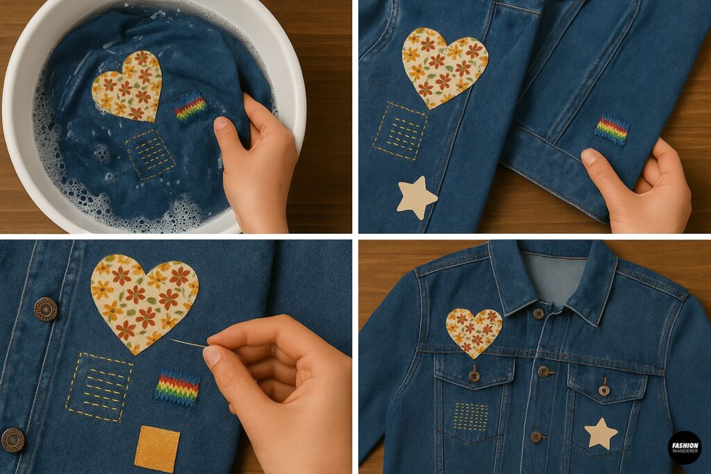 Care tips for mended denim jacket: wash gently and air dry to preserve embroidery, patches, and visible mending designs.
