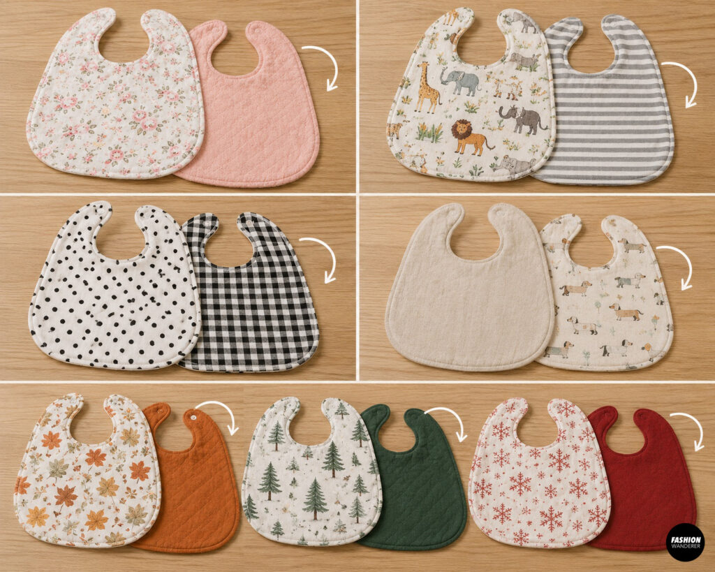 Collection of reversible handmade baby bib combinations featuring floral, animal, gingham, striped, seasonal, and solid fabrics coordinated for contrasting front and back designs.