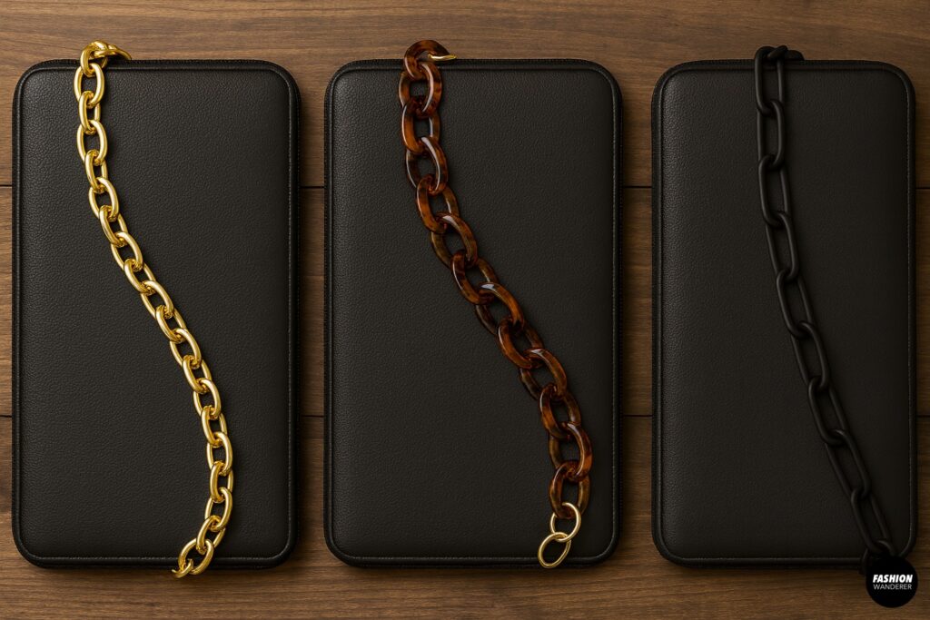 Three black laptop sleeves displayed with different straps: gold chain, tortoise resin chain, and matte black chain, showing style options for DIY laptop bag.