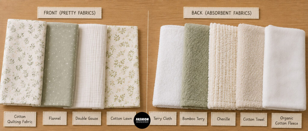 Soft fabric options for homemade baby burp cloths, including quilting cotton, flannel, double gauze, terry cloth, bamboo terry, chenille, and cotton fleece.