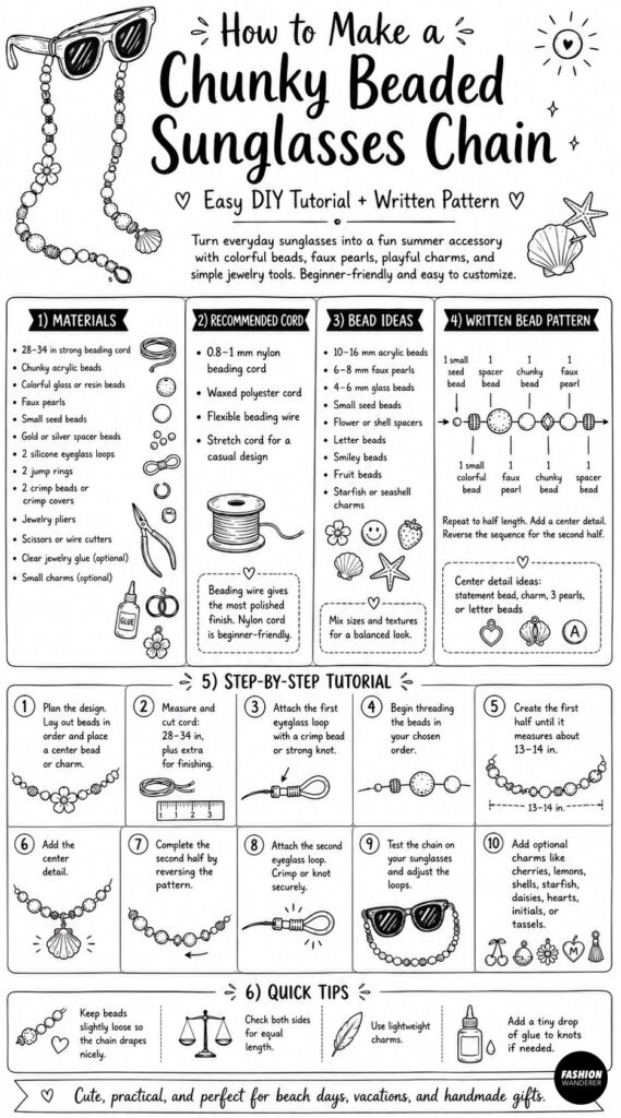 Infographic showing step by step instructions to make a diy chunky beaded sunglasses chain. This tutorial includes materials, recommended cord, bead ideas and written bead pattern.