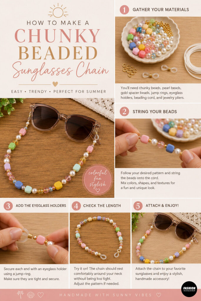Pinterest style graphic showing step by step instructions to make a diy chunky beaded sunglasses chain. This tutorial includes materials, recommended cord, bead ideas and written bead pattern.