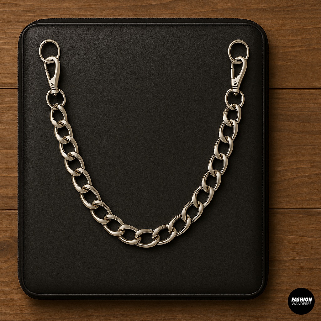 Black laptop sleeve upgraded into a bag with a silver chain strap clipped onto metal rings, displayed on wood table for DIY tutorial.