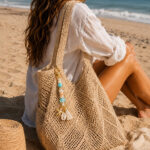 View from behind of a woman at the beach holding a beach tote bag with a beaded charm