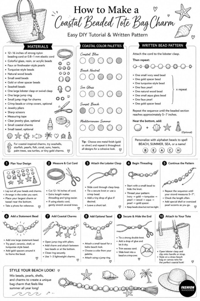 Infographic showing step by step instruction to make a coastal beaded tote bag charm. The diy tutorial includes material, coastal color palettes, written bead pattern and detailed instructions to complete the beaded bag charm.