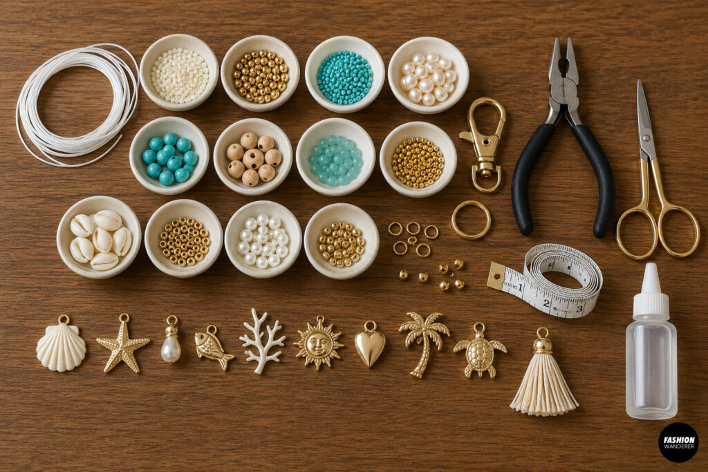 Materials to make a coastal inspired beaded tote bag charm including various bead colors and sizes, clasps, hand tools and coastal charms to decorate.