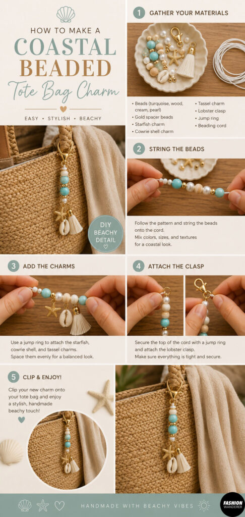 Pinterest style graphic showing step by step instruction to make a coastal beaded tote bag charm. The diy tutorial includes material, coastal color palettes, written bead pattern and detailed instructions to complete the beaded bag charm.
