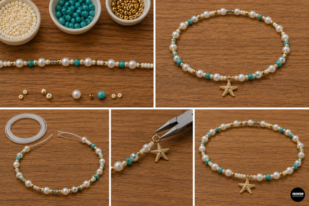 Collage featuring a coastal pearl anklet bead stack.