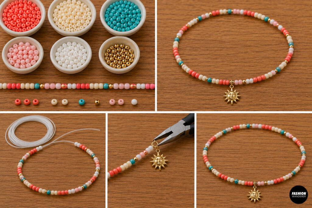 Collage featuring a colorful boho seed bead anklet bead stack.