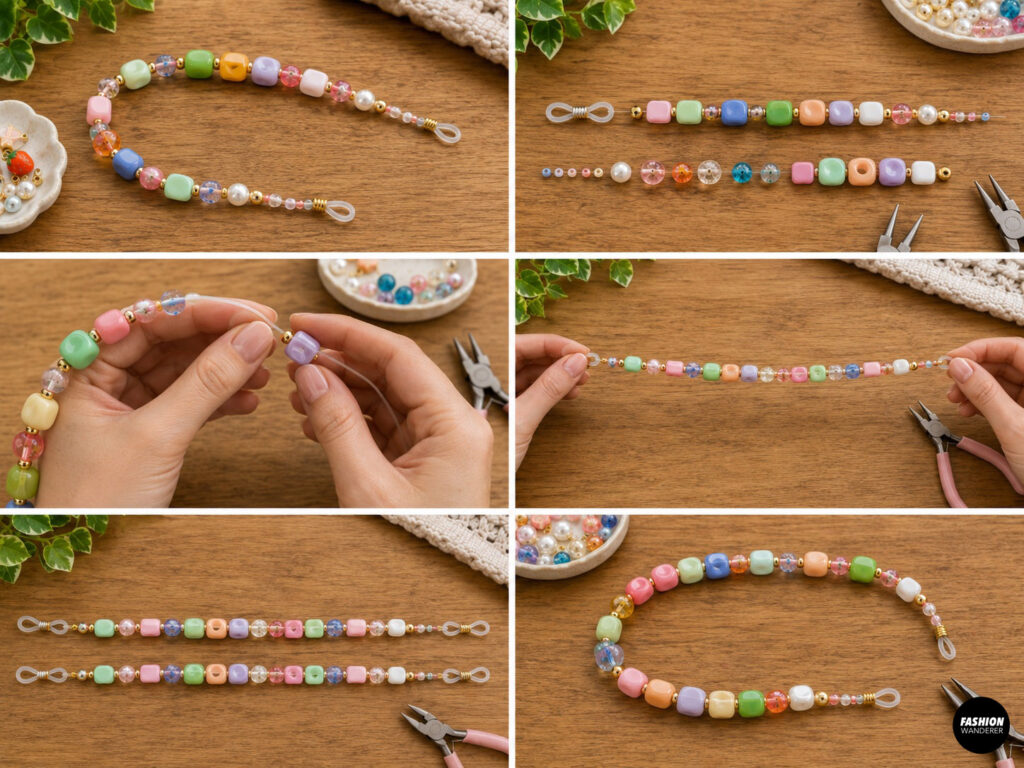 Collage showing steps to complete the second half of the eyeglass loop
