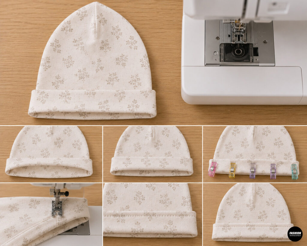 Baby hat sewing tutorial showing how to fold, clip, sew, and topstitch a soft floral knit cuff band for a handmade newborn hat.
