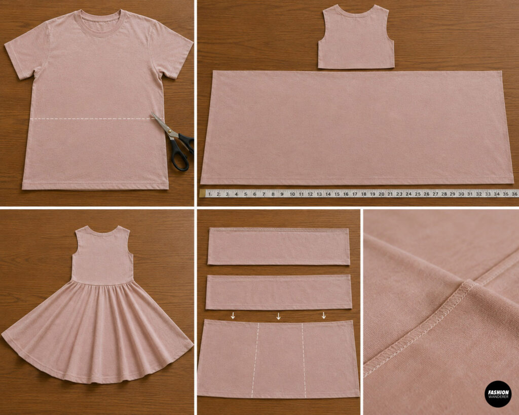 Cutting the lower half of an oversized T-shirt to create a gathered twirly skirt panel for a DIY girls play dress sewing tutorial.