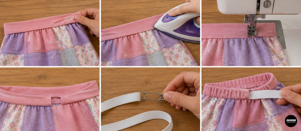 Collage illustrating how to sew an elastic waistband on a patchwork skirt. The waistband is folded and pressed, stitched to form a casing, an opening is left for insertion, elastic is threaded through with a safety pin, and the gathered waistband is completed.