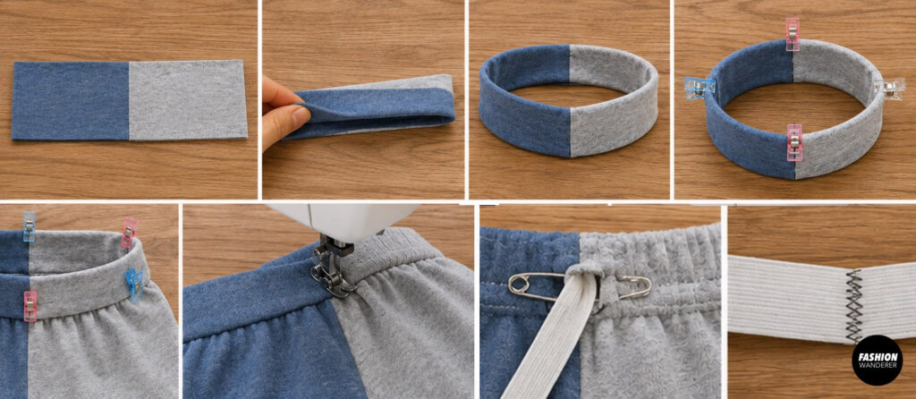 Step-by-step collage showing how to sew a folded waistband, attach it to knit shorts, insert elastic with a safety pin, join the elastic ends, and create a gathered waistband with drawstring.