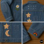 Creative visible mending variations on denim jacket including sashiko stitching, fabric patches, embroidery, and rainbow thread repairs.