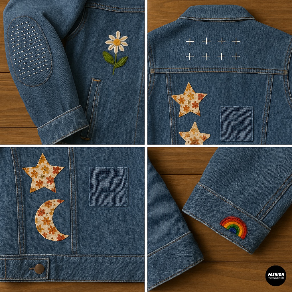 Creative visible mending variations on denim jacket including sashiko stitching, fabric patches, embroidery, and rainbow thread repairs.