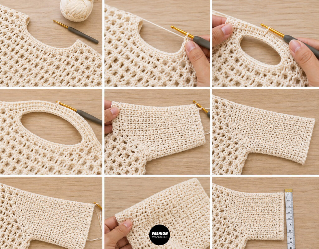 step 4 is to crochet the sleeves of Tie Front Beach Cover-Up