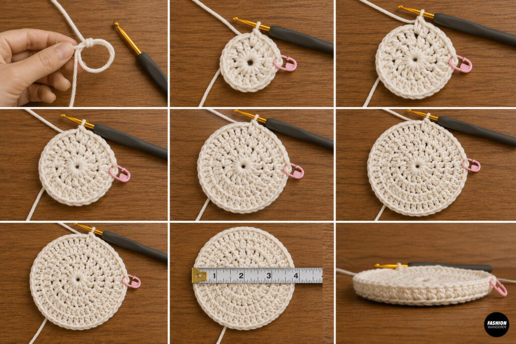 Step 1 is to crochet the circular base for the water bottle crossbody bag