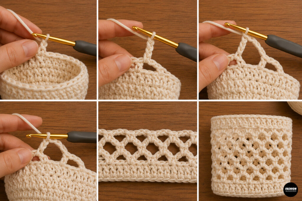 step by step collage to crochet mesh stitch pattern