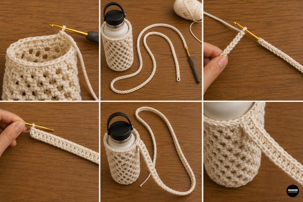 Step 5 is to crochet the shoulder strap for the water bottle crossbody bag