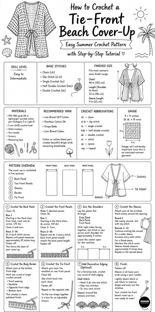 Infograph showing how to make a Crochet Tie Front Beach Cover-Up with step by step instructions to complete the diy fashion project.