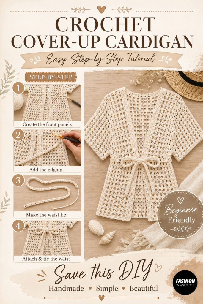 Pinterest style pin showing how to make a Crochet Tie Front Beach Cover-Up with step by step instructions to complete the diy fashion project.