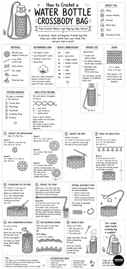 Infograph showing how to Crochet a Water Bottle Crossbody Bag with step by step instructions to complete the diy bag making project.