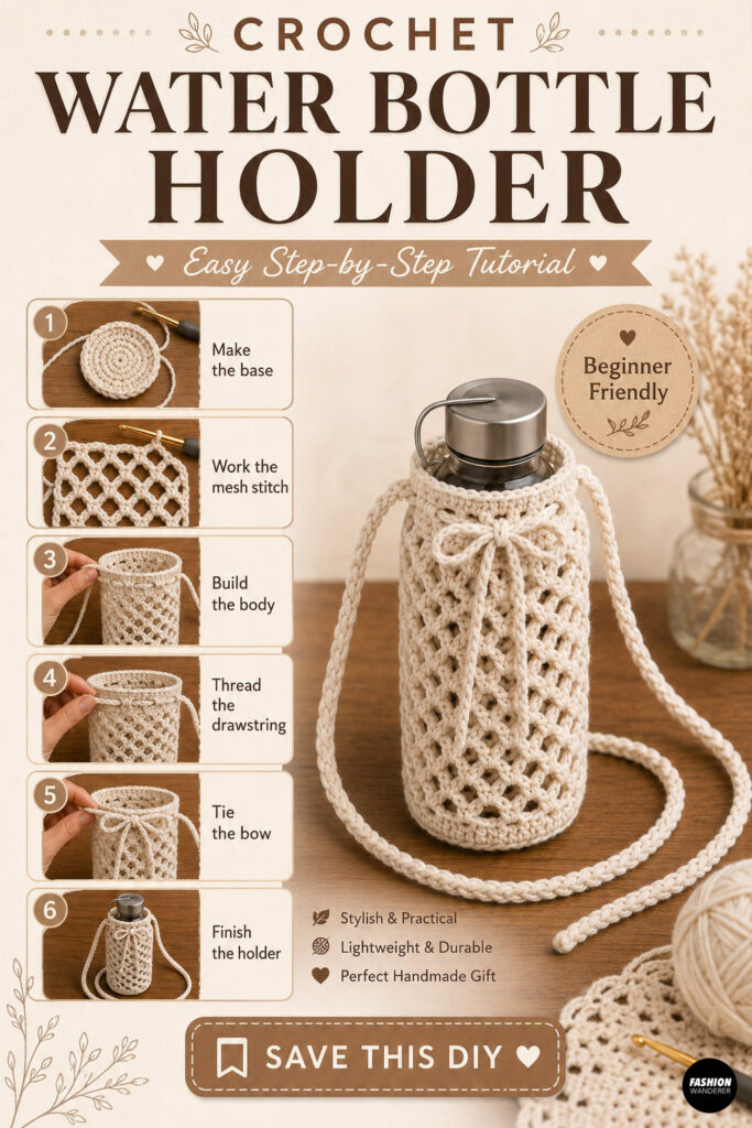 Pinterest style graphic showing how to Crochet a Water Bottle Crossbody Bag with step by step instructions to complete the diy bag making project.