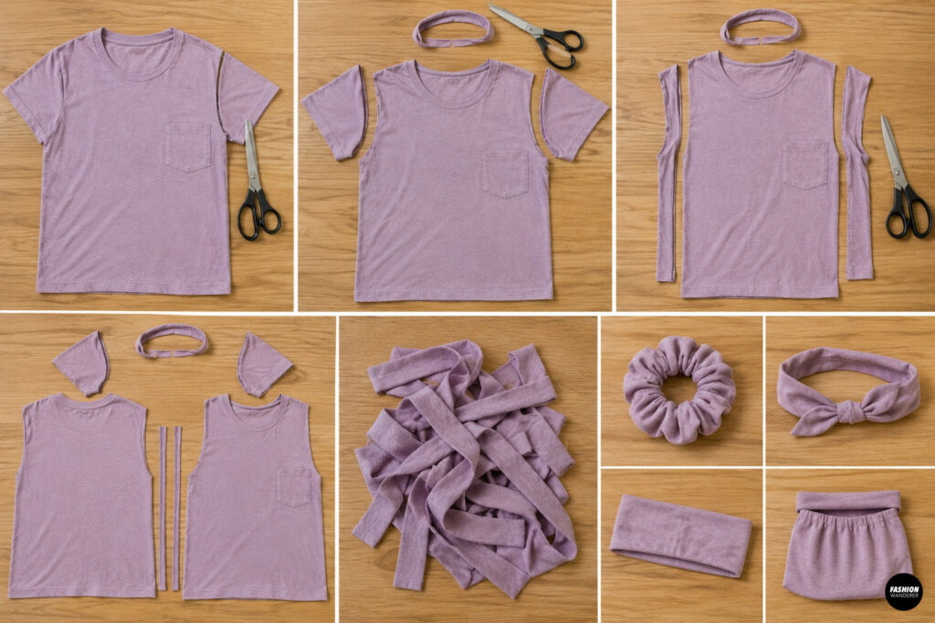 Step-by-step collage demonstrating how to remove the sleeves, neckband, and side strips from a lavender T-shirt. Fabric scraps are repurposed into a scrunchie, headband, skirt, and fabric ties to minimize waste.